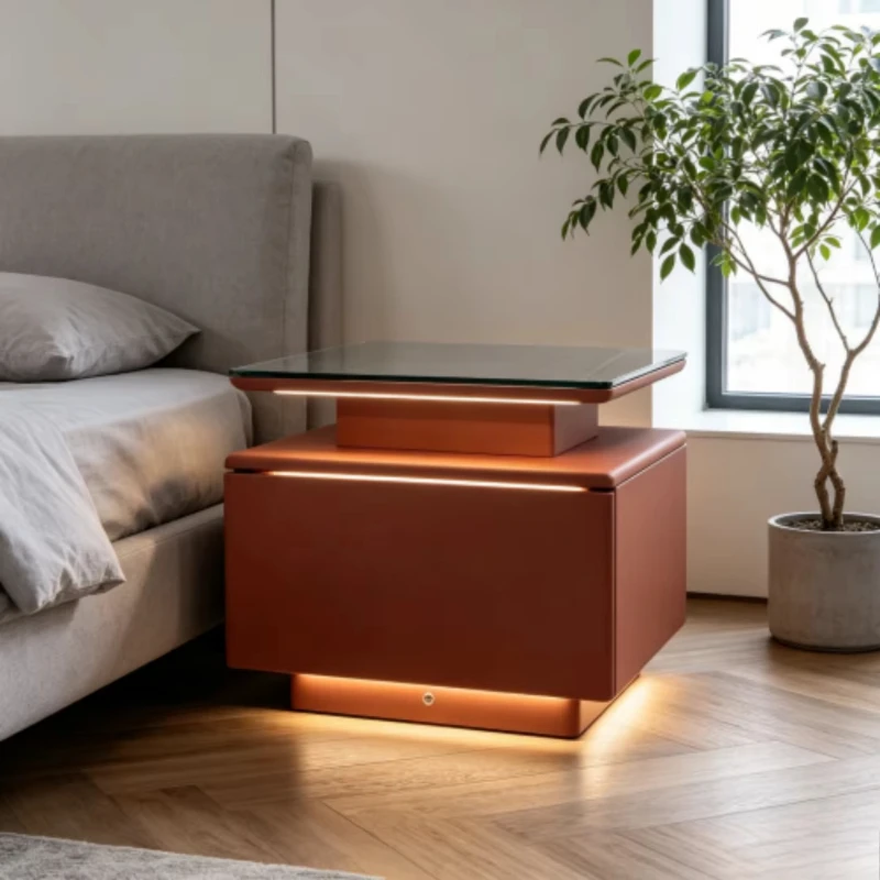 Modern creative tempered glass countertop bedside table LED light strip, double suction function, environmentally friendly