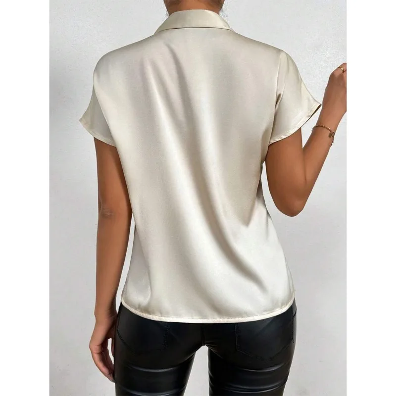 Satin Shirt Women's 2025 Summer Short-sleeved Bow Top Women's Clothing