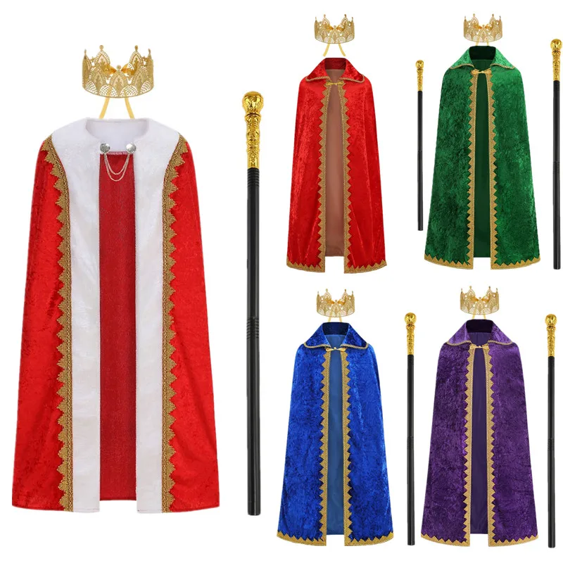 Halloween Christmas King Double Layer Robe Shoulder Wrap Crown Staff Multi Color Gold  Costume for Children Teenagers