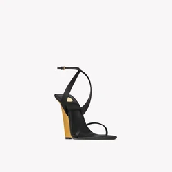 European and American Fashion Wedge Heel Color Blocked Fine Strap Sandals, Fashion Banquet Runway,one Button Strap Women's Shoes