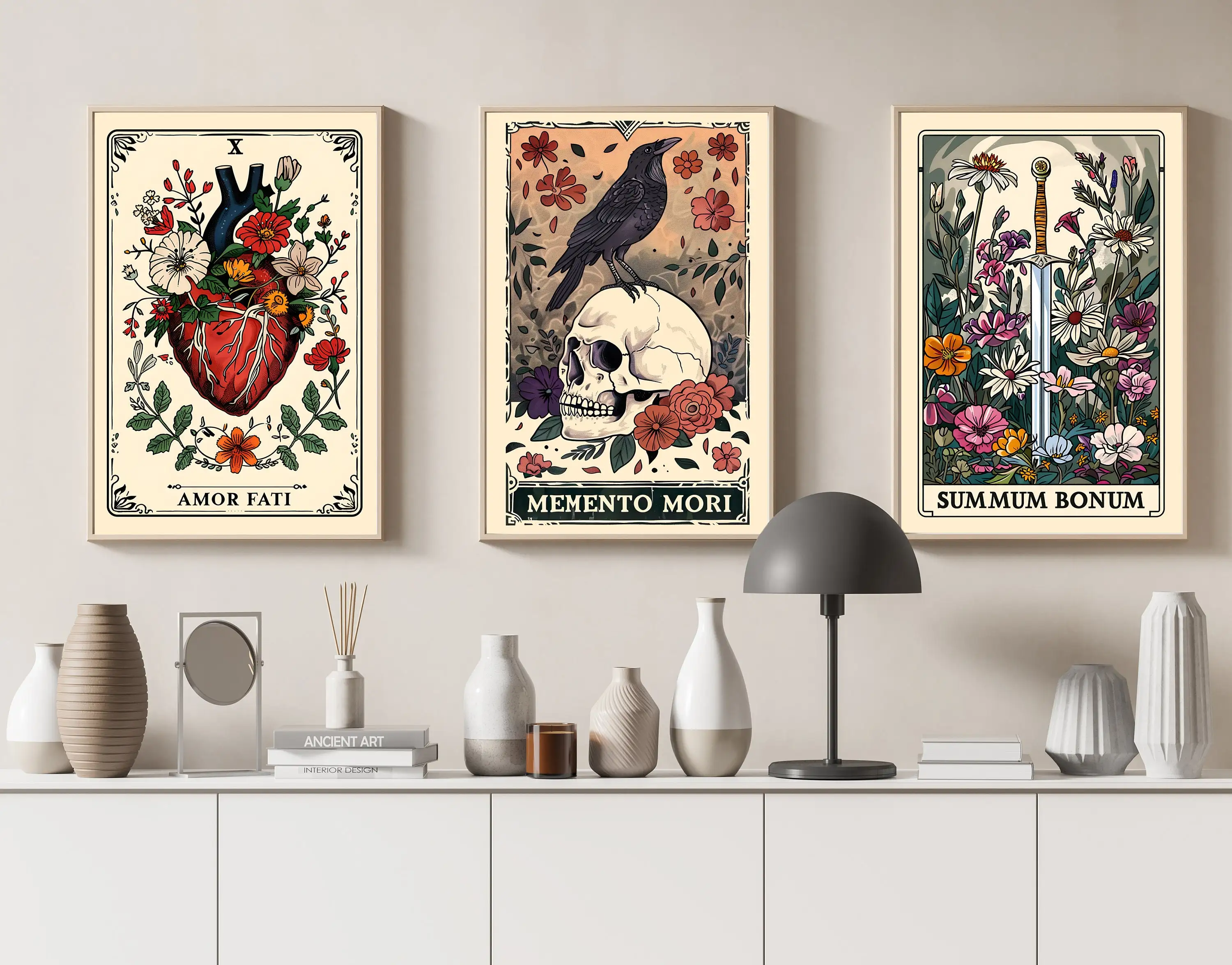 Bohemian Mysterious Tarot Crow Canvas Prints Horror Skull Cross Flowers Art Wall Poster for Living Room & Halloween Home Decor