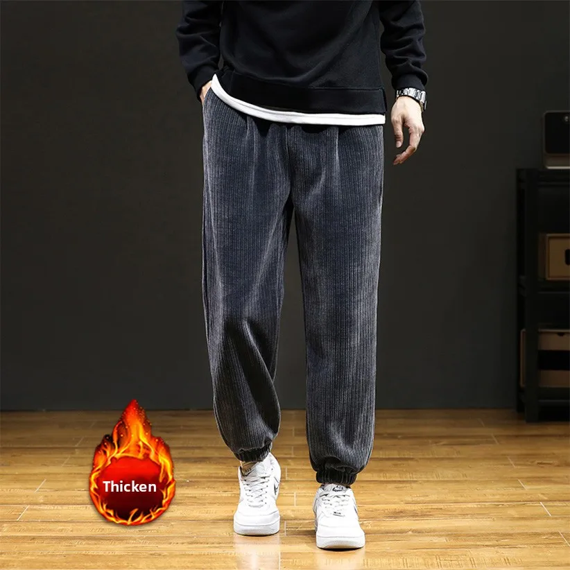 

Мужские вельветовые спортивные брюки на флисовой подкладке, теплые зимние повседневные брюки свободного кроя, осенне-зимние модные брендовые брюки