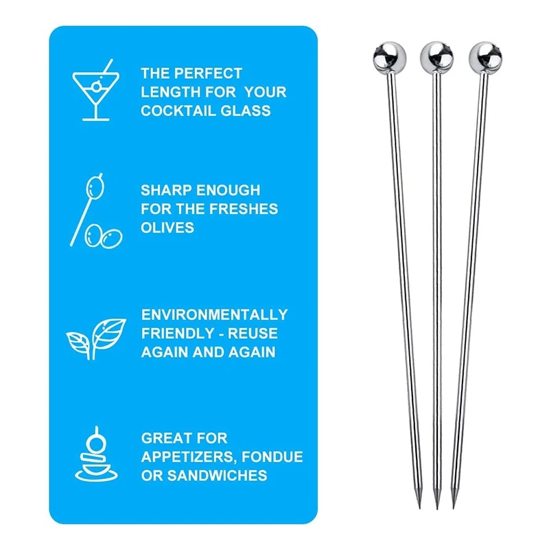 ABSF 15Pcs Cocktail Picks, 4 Inch Reusable Stainless Steel Martini Picks Cocktail Toothpicks For Olives Appetizers Sandwich