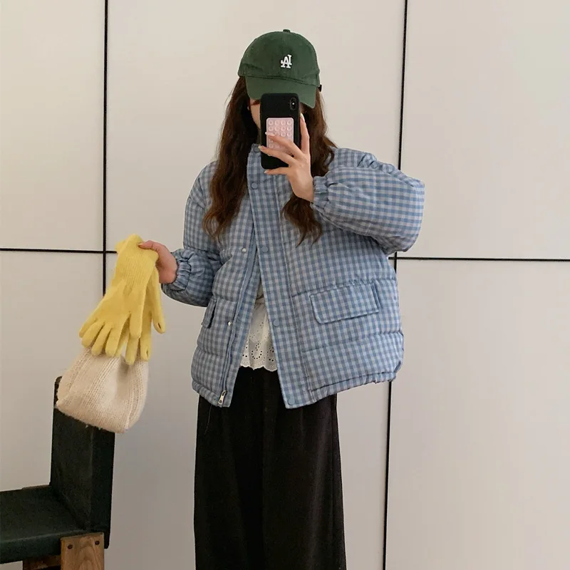 

Women Short Plaid Parkas Coats Solid Jackets Zipper Pocket Stand Collar Long Sleeves Thick Loose Office Lady Casual 2025 Winter