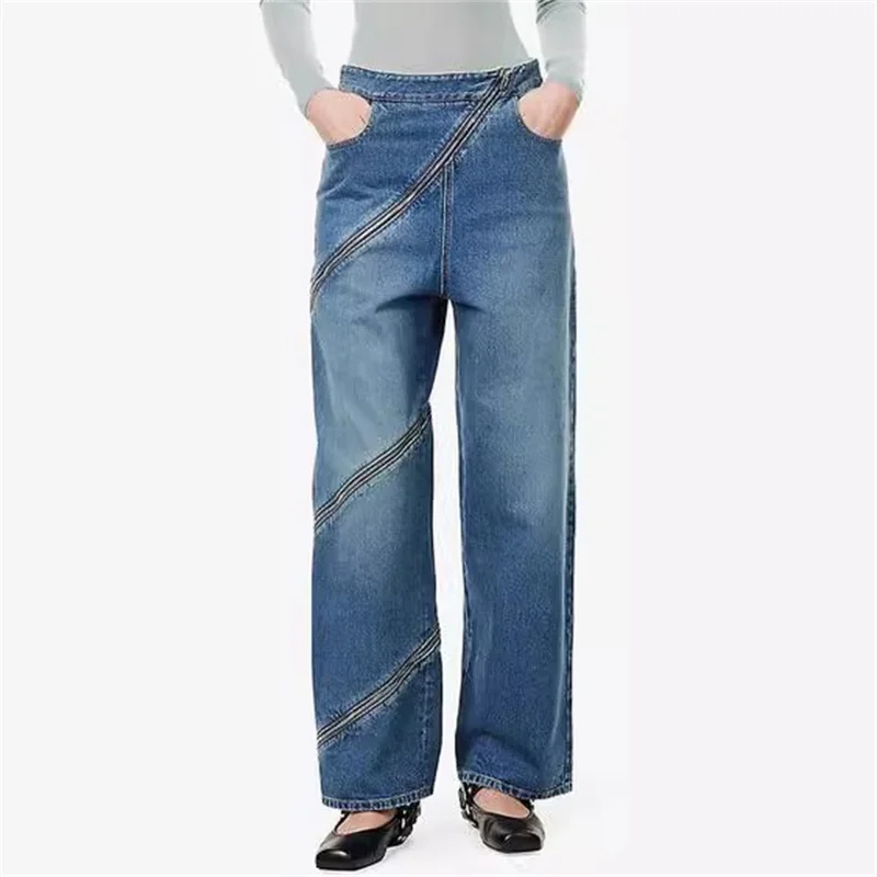 

Women's jeans New retro pure cotton low waist straight leg pants for summer 2025 Asymmetric zipper decoration women's pants y2k