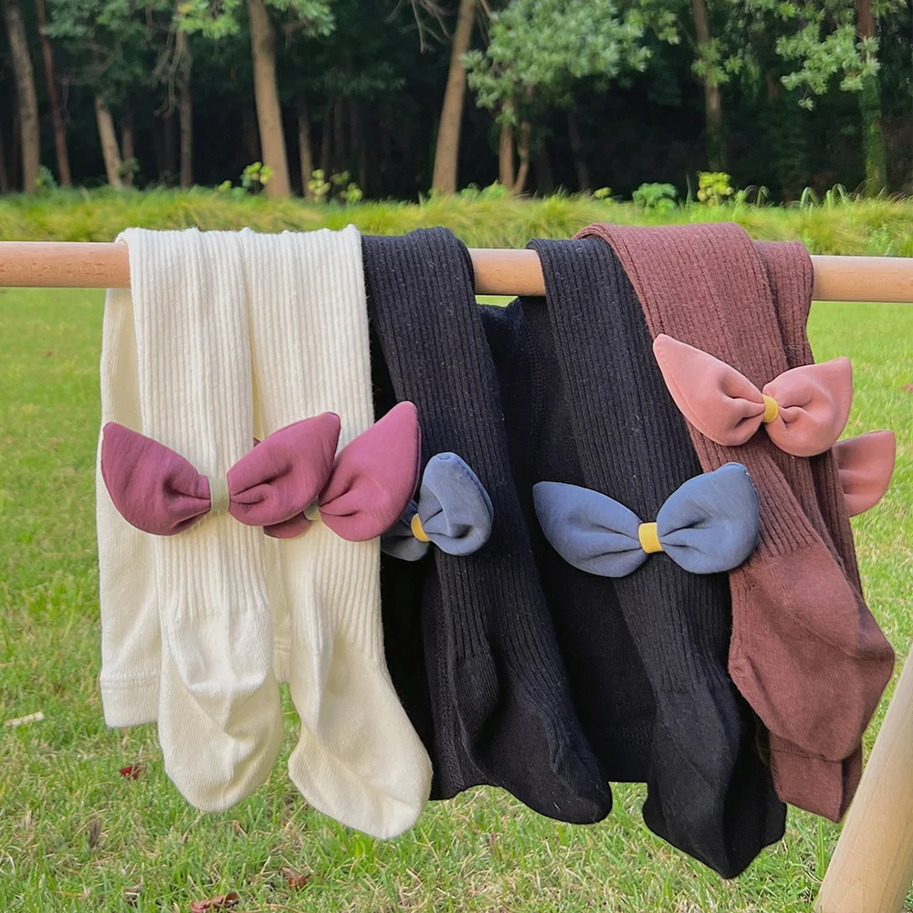 Kids Cotton Colored Tights Autumn Children Toddler Girls White Black Knit Bow Pantyhose Socks Newborn Infant Baby Warm Stockings