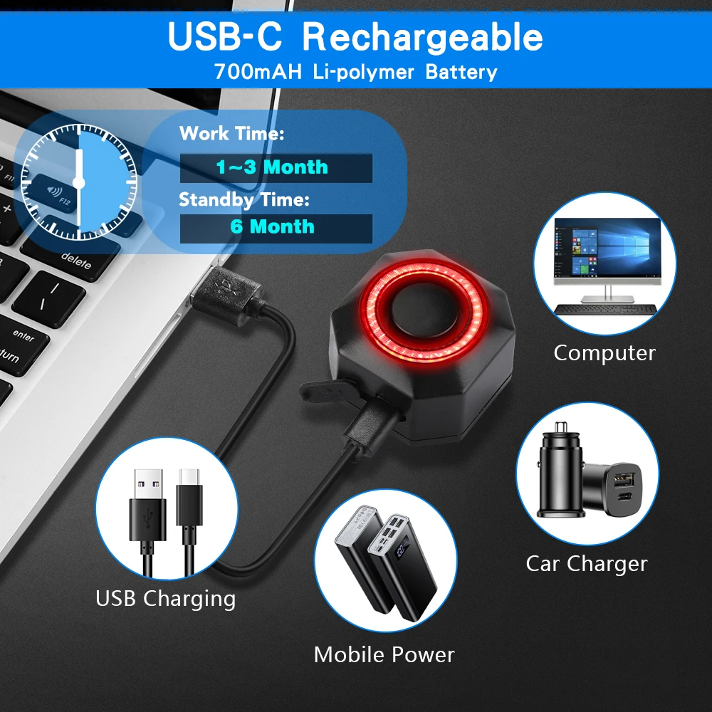 Rockbye Bicycle Alarm USB Charging Remote Control Anti-theft Tail Light 110dB Smart Auto Motorcycle Brake Sensor Tail Light