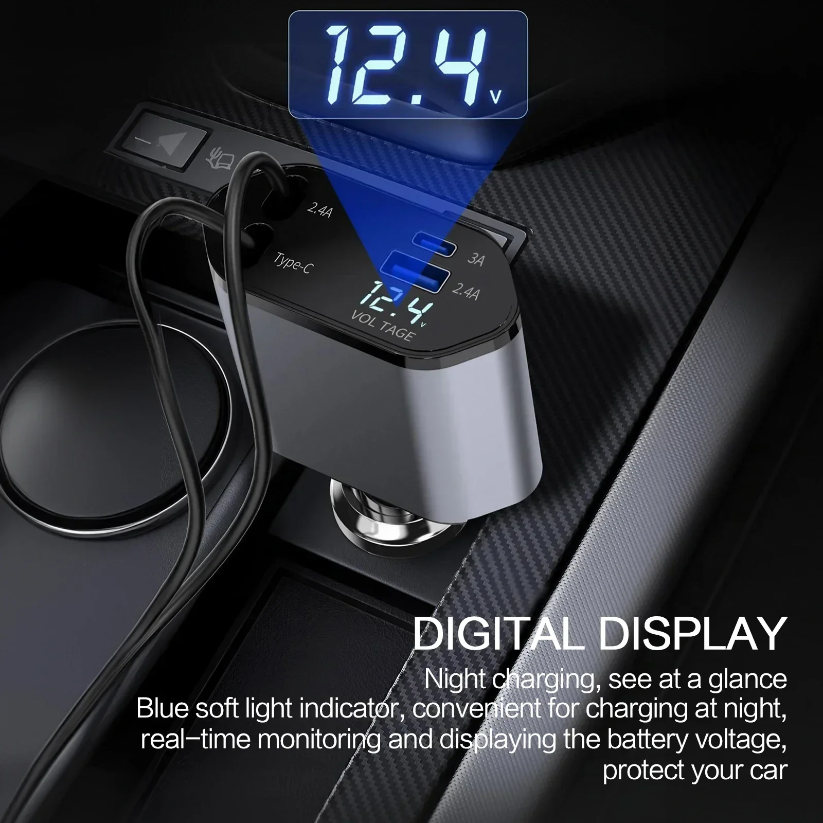 120W 超高速車載充電器伸縮ケーブル多機能シガーライタースプリッターデュアル USB 充電アダプター