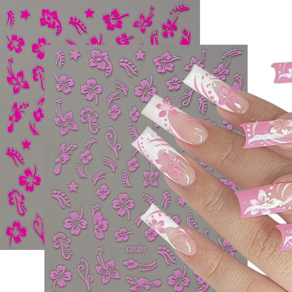 2/1 stuks 3D wit/paars-rood hibiscus bloemen nagelstickers zomer roze bloemblaadjes/bloemen zelfklevende stickers elegante nail art decor