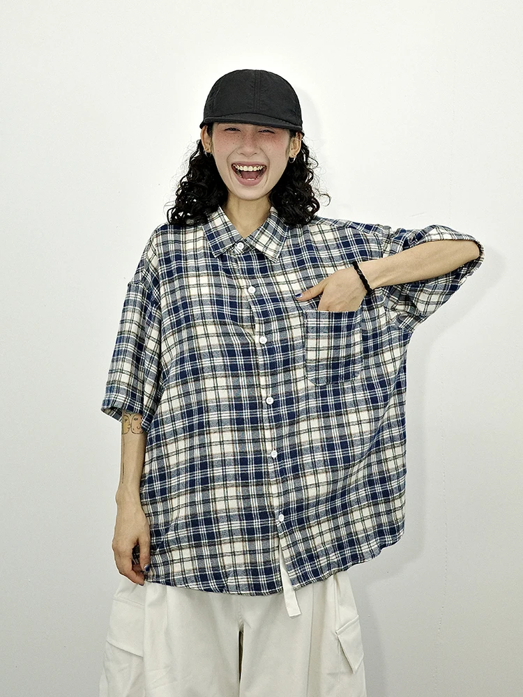 

Guluwoo Summer Retro Unisex Plaid Shirt Loose Couple Blue Check Short Sleeve Cotton Shirt Vintage Style Citywalk Open Cardigan