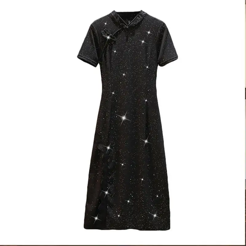 Summer New Chinese Style Vintage Lace Patchwork Bodycon Dress Ladies Elegant Fashion Black Slit Robe Women Slim Sequins Vestidos