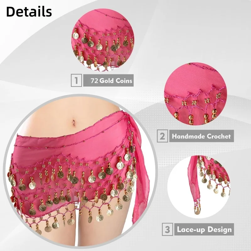 Nova dança do ventre 3 fileiras cinto tom de ouro moedas cinto feminino 140cm lantejoulas borlas chiffon hip cachecol acessórios para cintos de dança do ventre