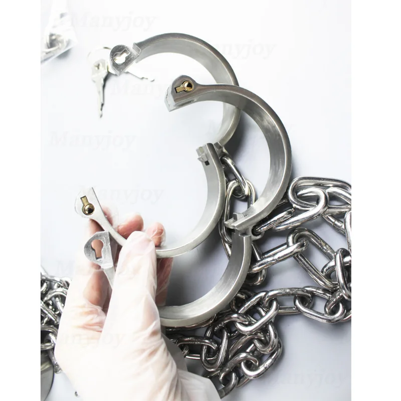 Heavy Stainless Steel Slave Lockable Handcuffs Ankle Cuffs Neck Collar Punishment Captivity BDSM Restraint Shackle Chain