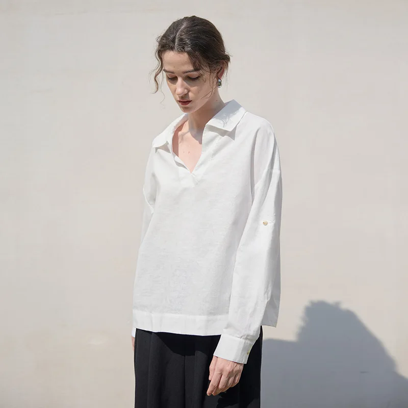 Camicetta da donna in cotone e lino con scollo a V manica lunga colore bianco vintage casual allentato moda streetwear camicie da donna da ufficio Feminino