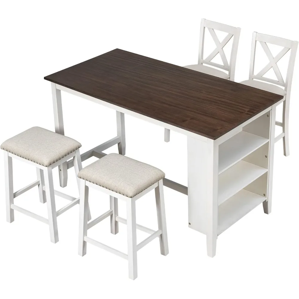 Conjunto de mesa de jantar com altura de balcão de 5 peças, conjunto de mesa de cozinha de fazenda com prateleiras de armazenamento, 2 cadeiras de jantar e 2 bancos, branco