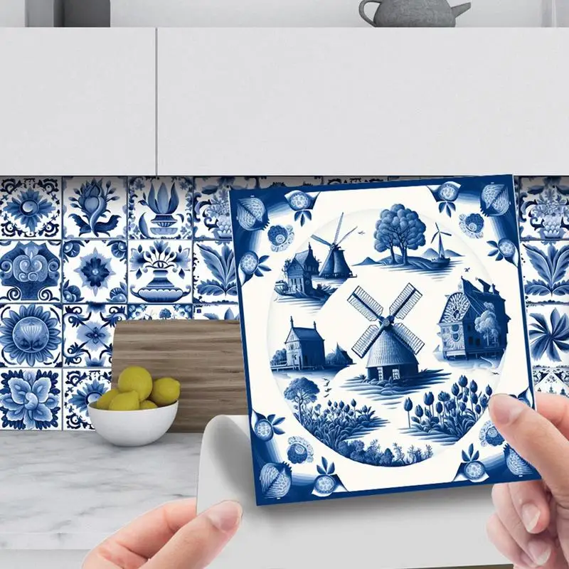 Autocollants muraux imperméables à motif bleu portugais, carreaux de style portugais, décoration d'intérieur, cuisine et salon, 24 pièces