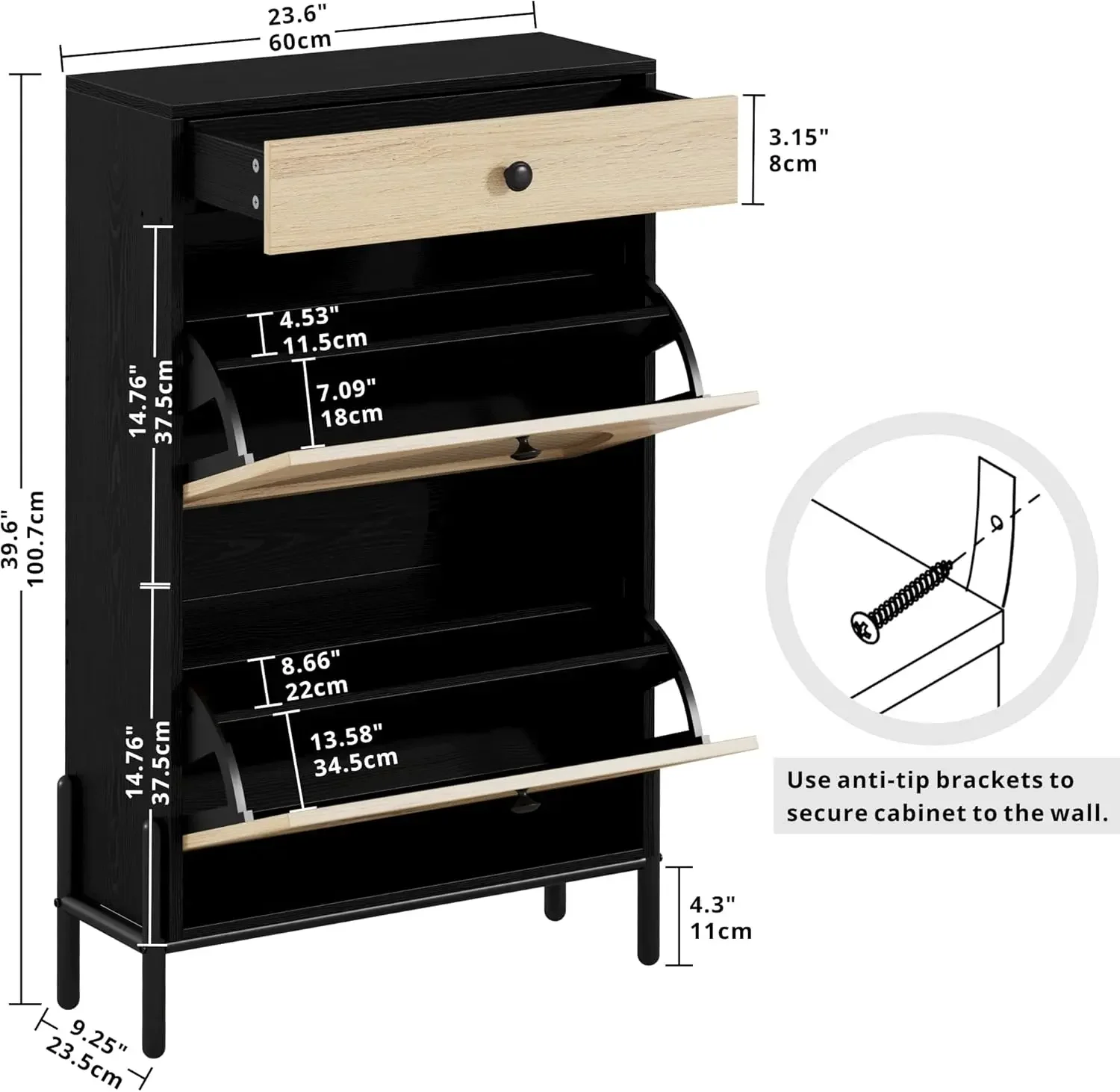 Rattan Shoe Storage Cabinet, Shoe Organizer Rack with 2 Flip Doors and 1 Drawer, Narrow Shoe Cabinet 3-Tier Adjustable Shelves f