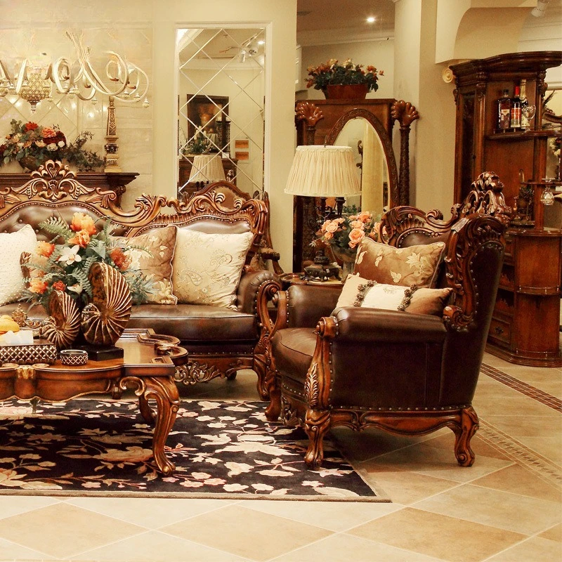 Solid wood leather sofa combination style living room villa luxury 123 three-person sofa combination
