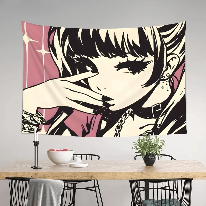 Alt Goth Punk Girl Tapestry Retro Manga Style Cool Girl Illustration Hanging Cloth Personalized Room Renovation Wall Tapestry