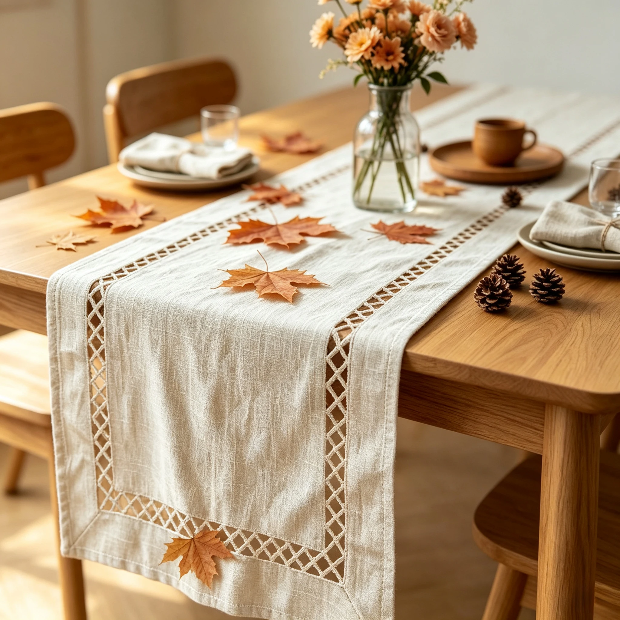 Rustic Geometric Hollow Table Runner, Thick Textured Farmhouse Burlap Table Runner for Party Dresser Kitchen Dining Table Decor