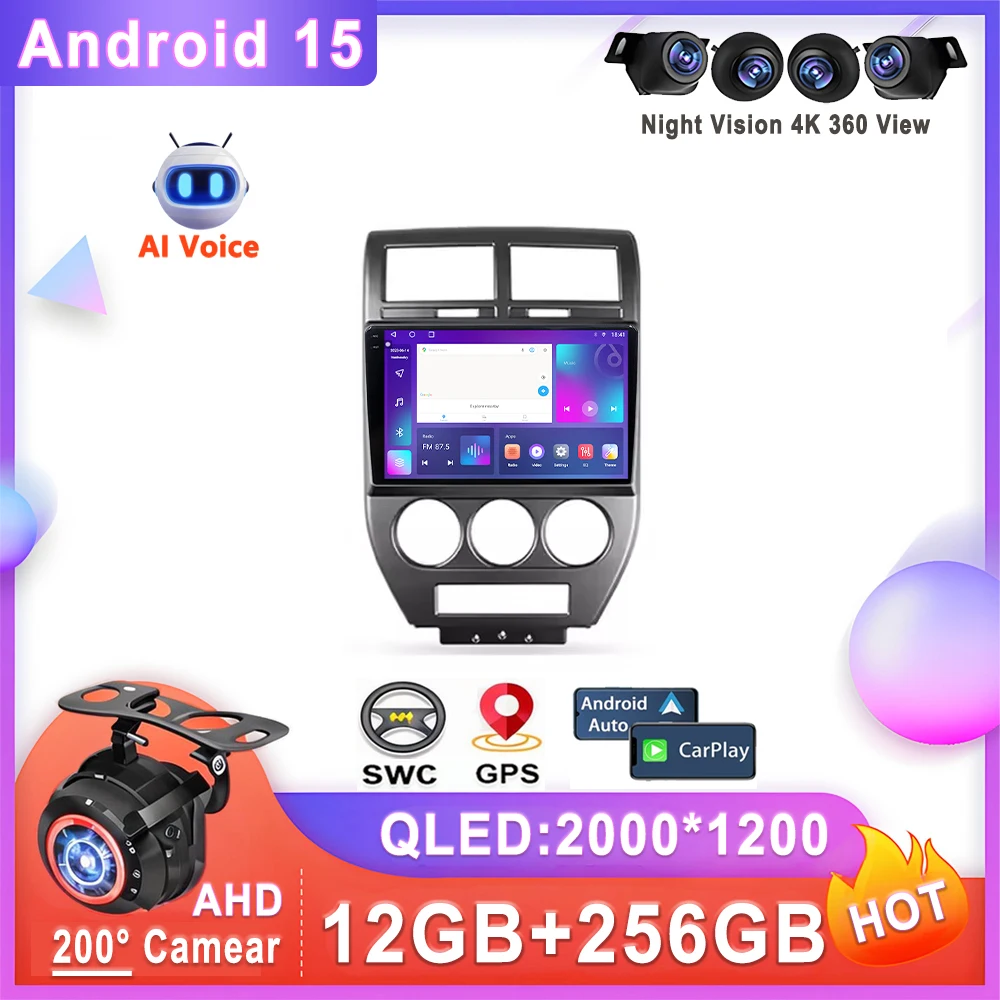 Car Multimedia Player Android 15 For Jeep Compass 1 MK 2006 - 2010 Stereo Head Unit Multimedia Player No 2din DVD QLED Screen 5G