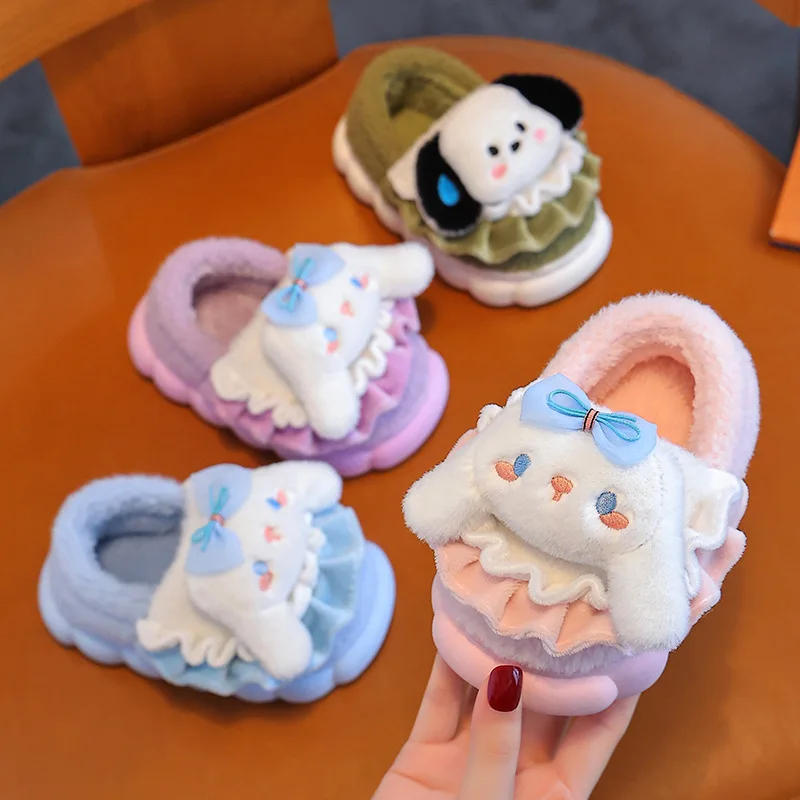 Winter Sanrios Anime Cinnamoroll Child Cotton Slippers Kawaii Parent-Child Include Heel Child Cartoon Keep Warm Cotton Shoes