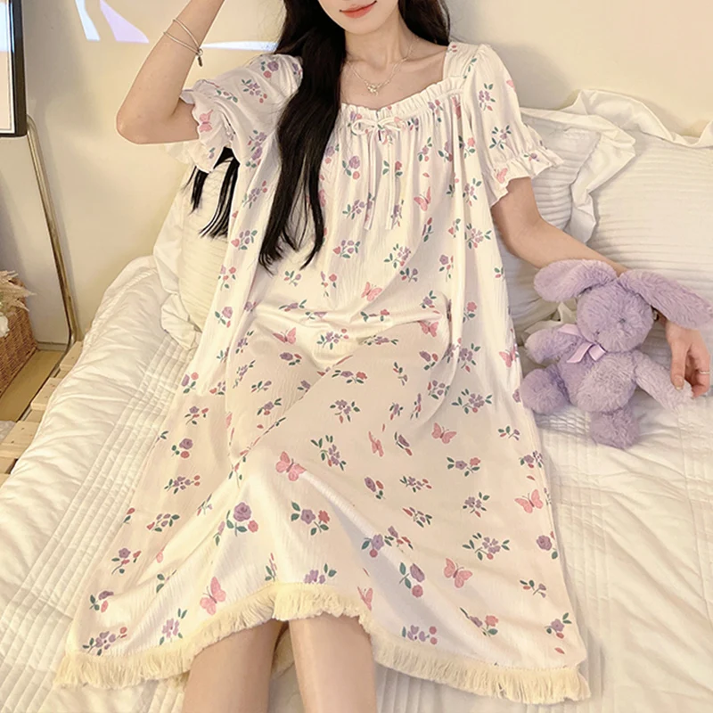 Summer Floral Short Sleeve Sleepwear Sexy Nightwear Women Nightdress Ladies Girls Cotton Nightgowns Plus Size Homewear 잠옷 M-2XL