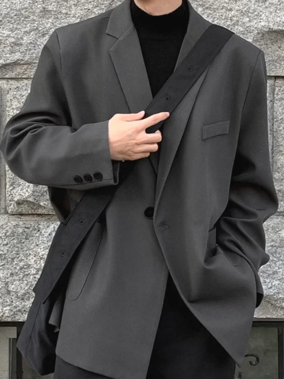 Deep Grey Shoulder Padded Men's Casual Suit American Cleanfit No Ironing Single Button Thin Outerwear Fashion Urban Style