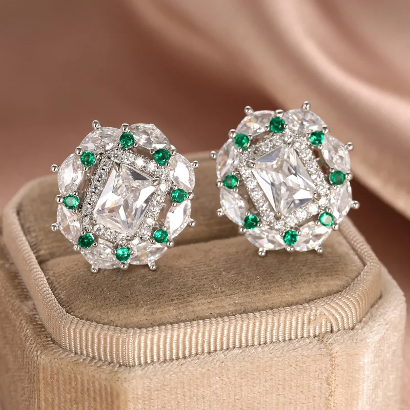 Light Luxury Temperament Rectangular Zirconia Edge Green Hollow Ear Buckle, Niche Design Sense, Hundred Matching Accessories