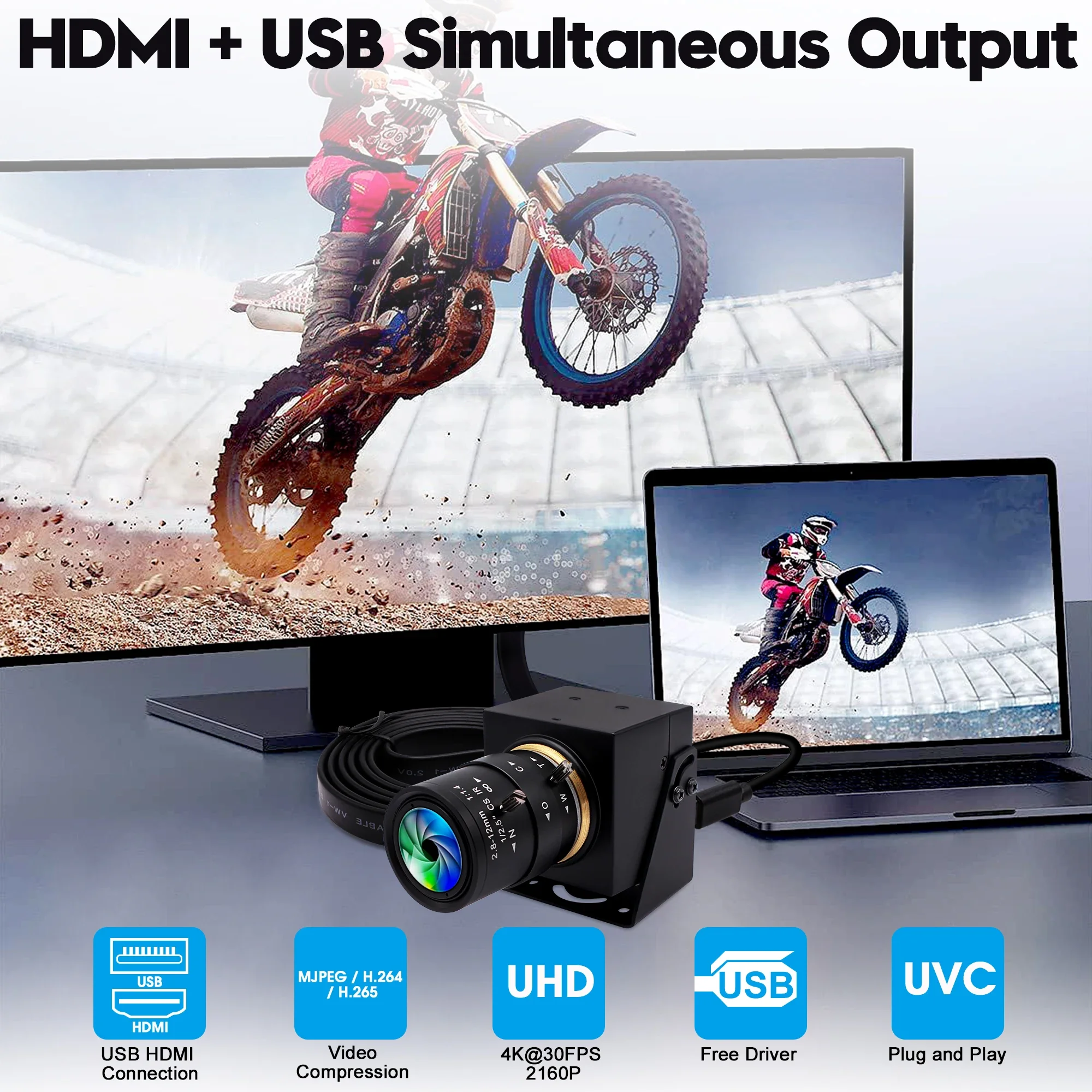 ELP H.264 HDMI USB 카메라, 울트라 HD 4K 30fps CMOS IMX415 컴퓨터 PC 카메라, 윈도우, 리눅스, 노트북용, 4K CS 줌 렌즈 포함