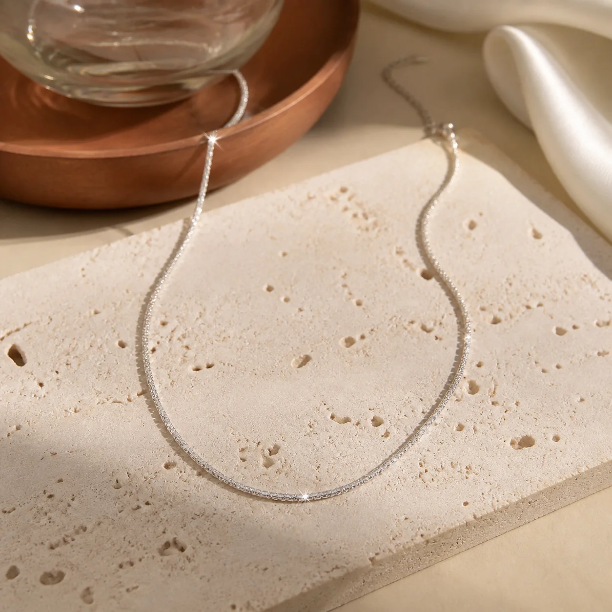 Modern Minimalist Slub Chain Necklace for Women Featuring Geometric Wave Point Design in Silver Gold or Dark Blue Tone Lightweig