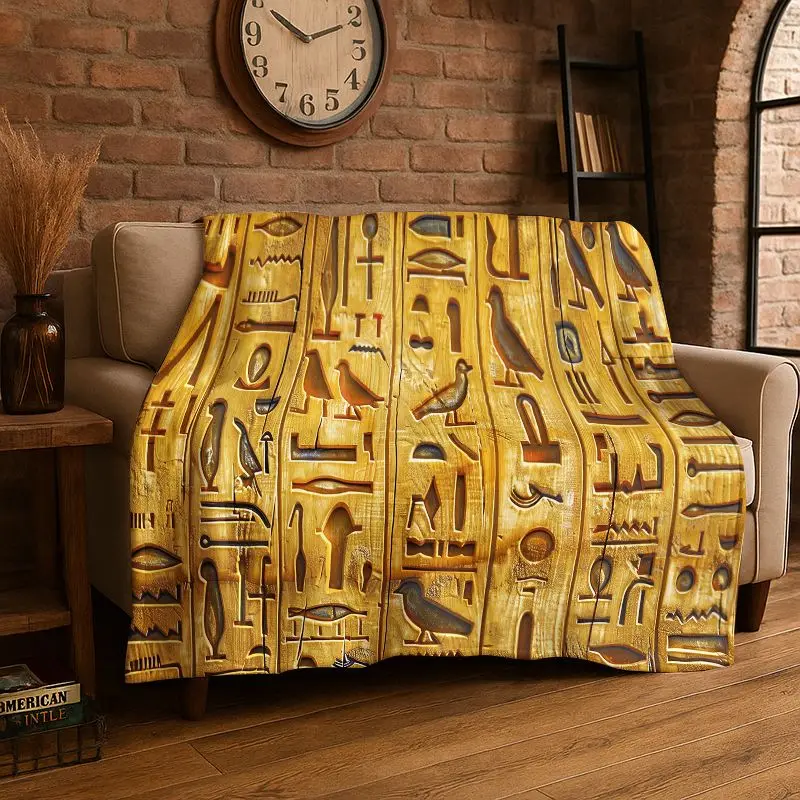 Retro Egyptian Mural Hieroglyphics Symbol Flannel Blanket Soft Warm Throw Blanket for Bedroom Living Room Bed Travel Picnic Gift