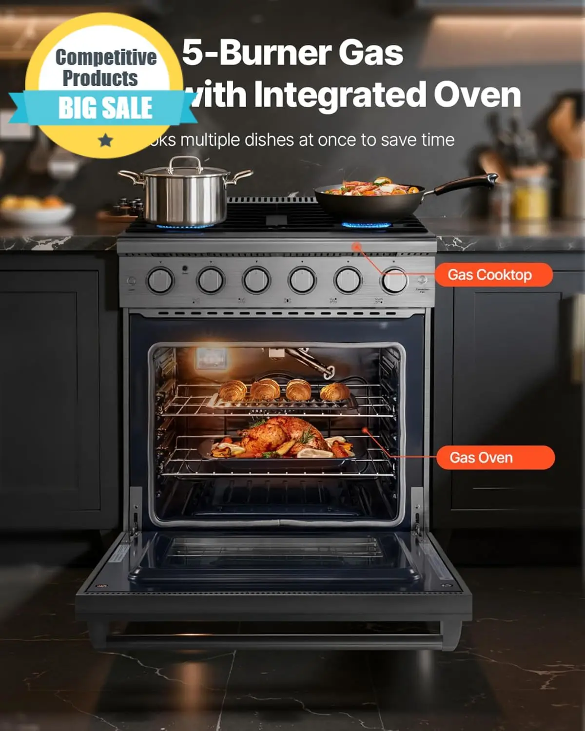 

Substantial Gas Range Oven 30 Inches Width Freestanding Stainless Steel Stove And Oven With 5 Sealed Cooktop Burners Easy Reach