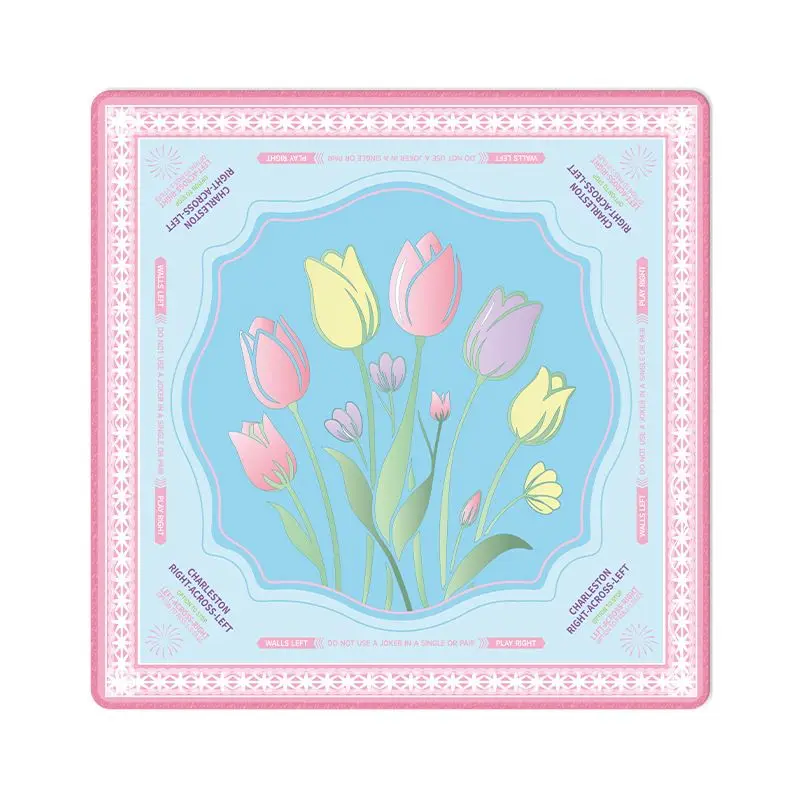 Square American Mahjong Table Mat Macaron Tulip Flower Printed with Anti Slip Noise Reduction Game Mat Portable Desktop Decor