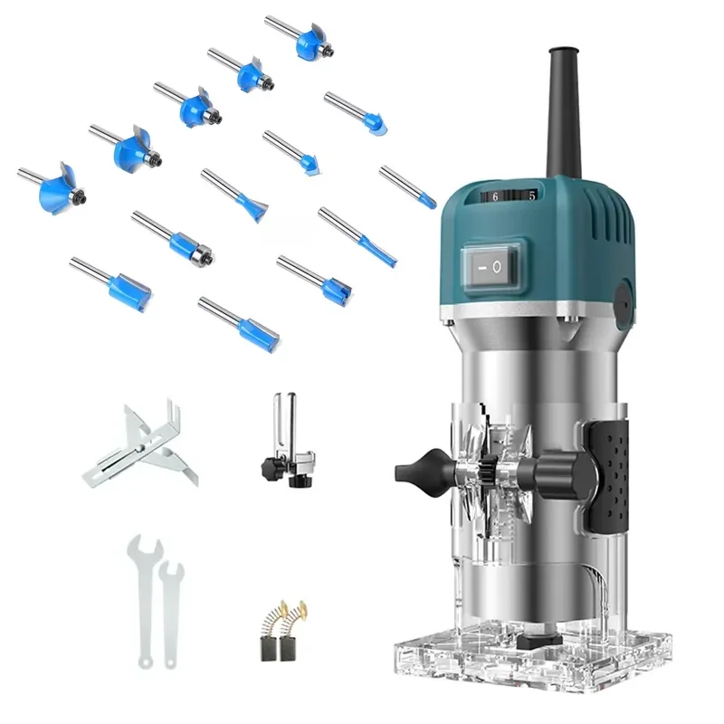 Compact electric woodworking milling tool with 15-piece milling head, DIY woodworking trimmer, 30000RPM, 3-year warranty