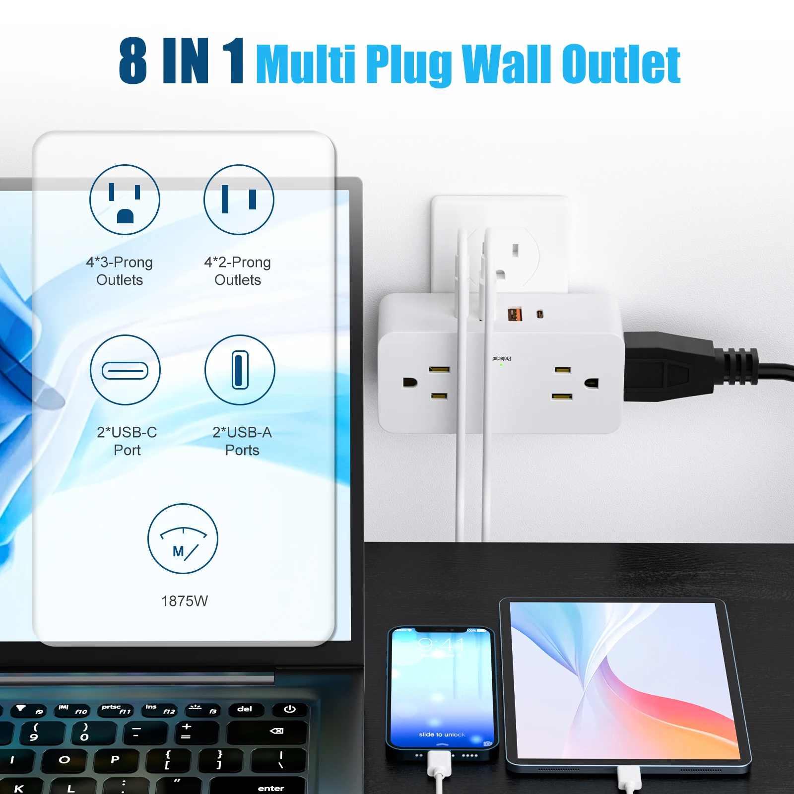 Multi Plug Power Strip Surge Protector 180 Degree Rotating Wall USB Plug Adapter Electrical Sockets Outlet Extender For Home