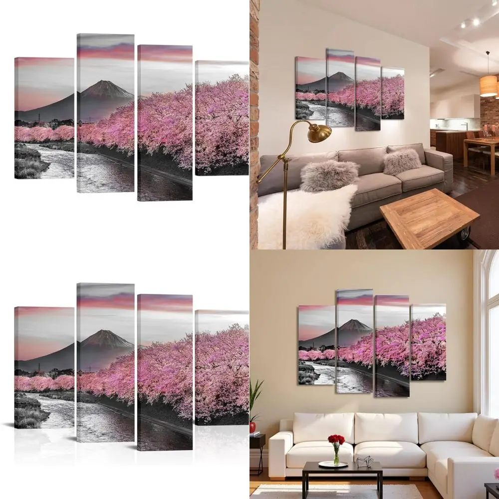 

Framed Cherry Blossom and Fuji Mountain Spring Wall Art, Ready to Hang Canvas Decor