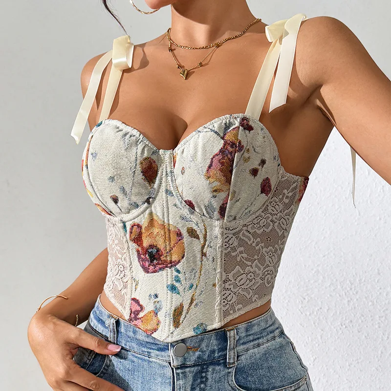Flower Printed Lace Up Crop Tops Corset Sexy Sleeveless Backless Halter Corsets Women Slim Camisole Vest Fashion Tank Top Summer