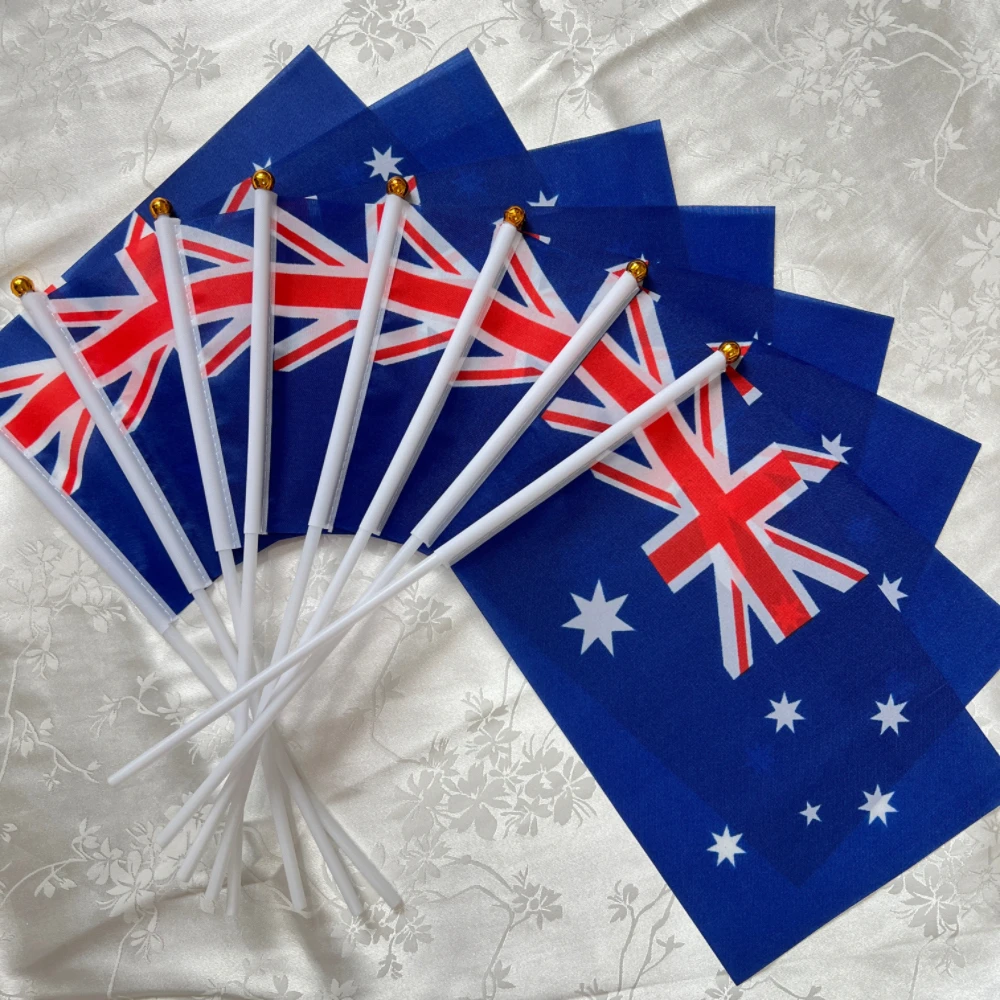 Bandera nacional australiana de 14x21cm, banderas onduladas a mano con mástil de plástico, desfile de actividades, decoración deportiva para el hogar