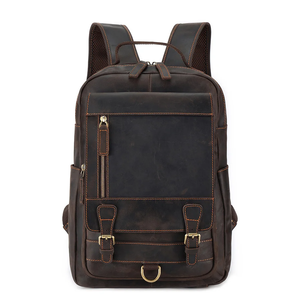 Vintage Crazy Horse Leather Men's Backpack Large Capacity Travel Bags 15.6inch Laptop Computer Bag Schoolbag New