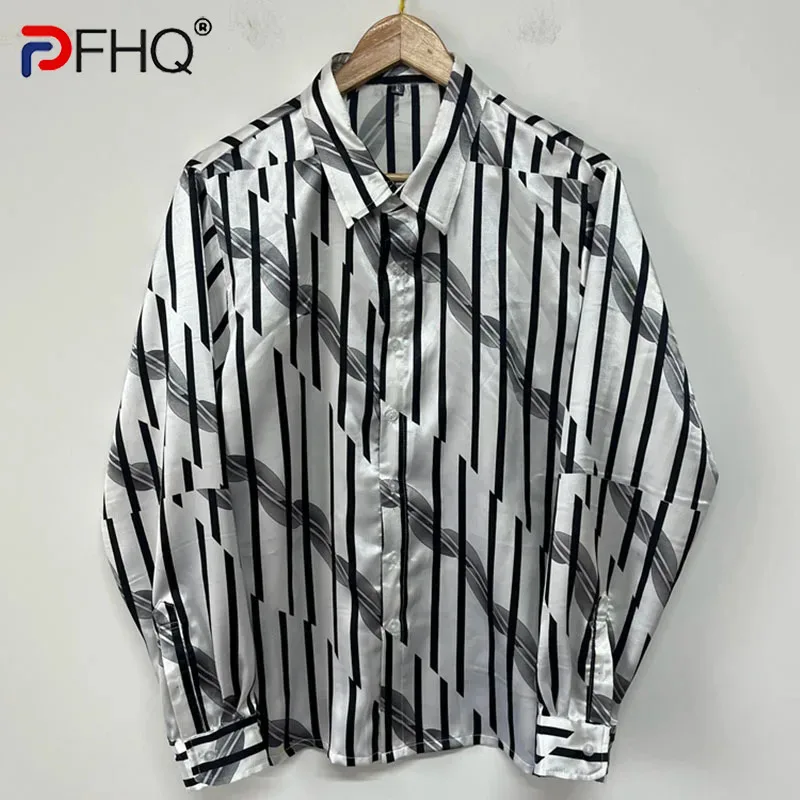 

PFHQ Stripe Print Versatile Designer Men's Shirt 2024 Contrast Color Casual Korea Fashion Turn-down Collar Male Tops 21Z5066