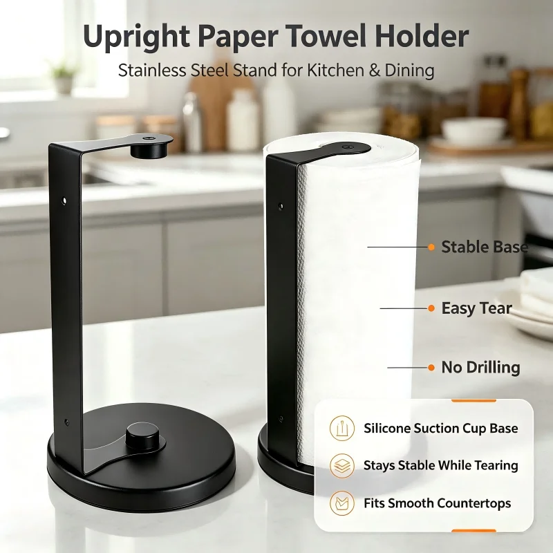 Suction Cup Standing Paper Towel Holder, U-Shape Stainless Steel Countertop Tissue Rack, Black Table Napkin Stand for Kitchen