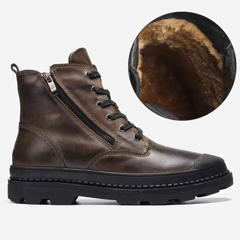 Natural Cow Leather Men Winter Boots Handmade Retro Men Boots Genuine Leather Men Winter Shoes #9550