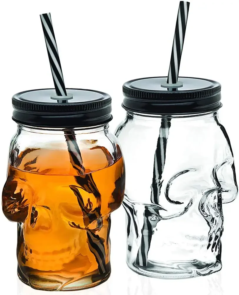 

2pcs Skull Glass Mason Jar Mug Tumbler Cup With Lids And Straw,Skull Face Glass Wide Mouth Mason Jar Drinking Halloween Glasses