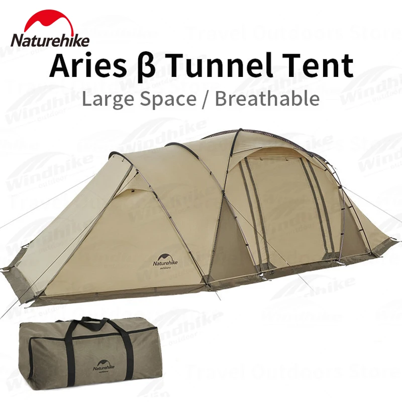 Naturehike Aries Beta UPF50+ Camping 4-6 Persons Tunnel Tent 210T Windproof Outdoor 3Hall Breathable Mesh Double Layer Inner Ten