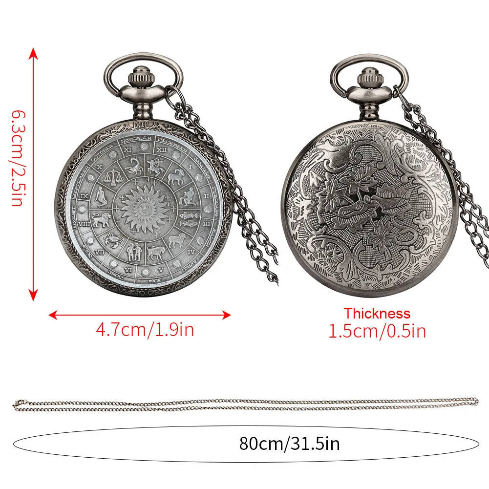 Twaalf Constellatie Herdenkingsmunten Patroon Quartz Zakhorloge Steampunk Retro Ketting Horloges Hanger Pocket Klok Gift