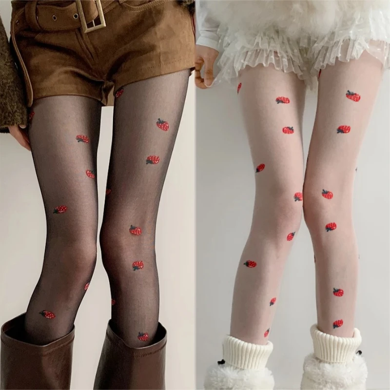 Women Cute Strawberry Pattern Sheer Tights Lolita Long Socks Sexy Black White Elastic Waist Pantyhose Y2K Girls Thin Stockings