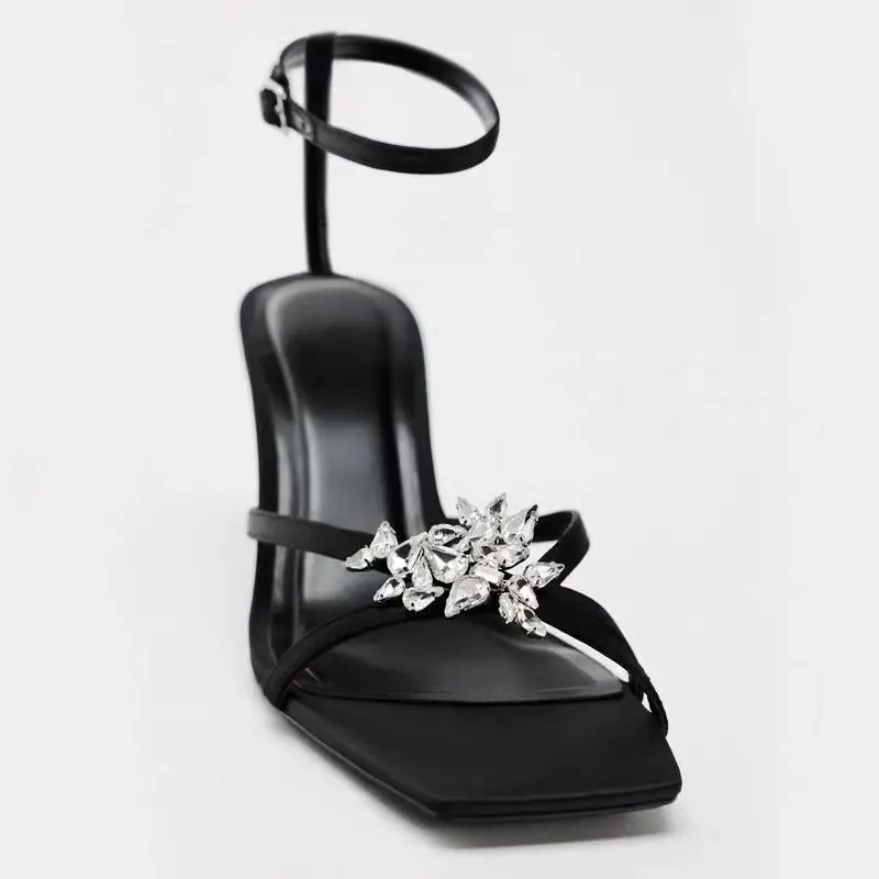 TRAF Women Black Luxury Crystal Heel Sandals Sexy Square Head Peep Toe High Heels Summer Femmes Ankle Strap Sandalias Prom Pumps