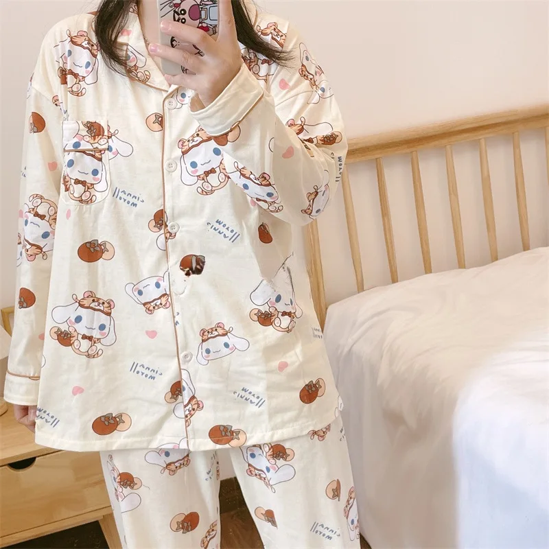 New Sanrio Kawaii Cinnamoroll Spring And Autumn Long-sleeved Pajamas Cotton Students Loose Home Clothes Two-piece Suit Girls