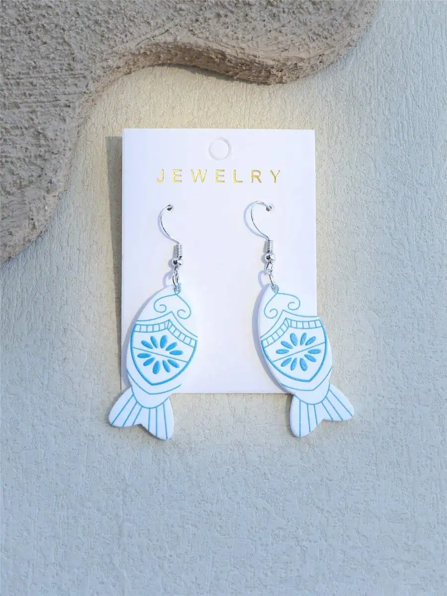 Acrylic Fish-Shaped Dangle Earrings For Women, Blue Patterned Design, Lightweight Summer Vacation Accessory
